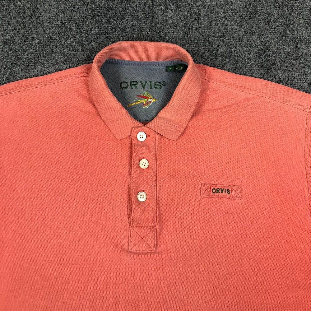 Orvis Men Large Coral Salmon Pink Short Sleeve Pique Polo Shirt Fly Fishing Logo